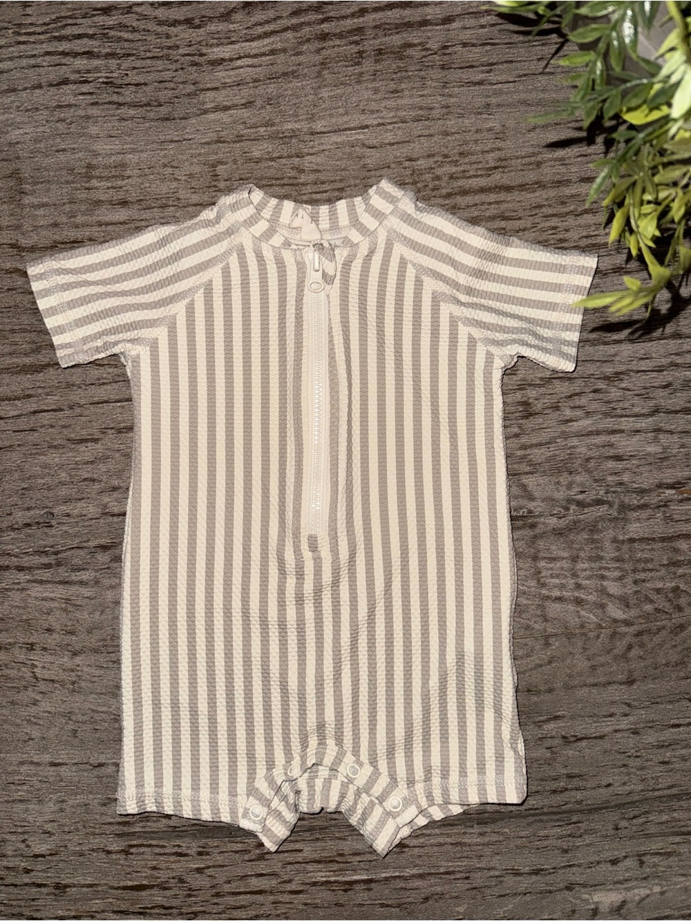Quincy Mae swim suit size 3-6 months khaki cream stripe
